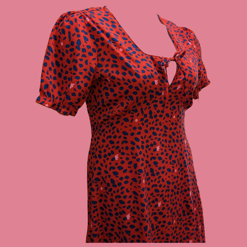 Red Puff Sleeve Keyhole Neck Flirty Red Dress with Navy and Pink Print